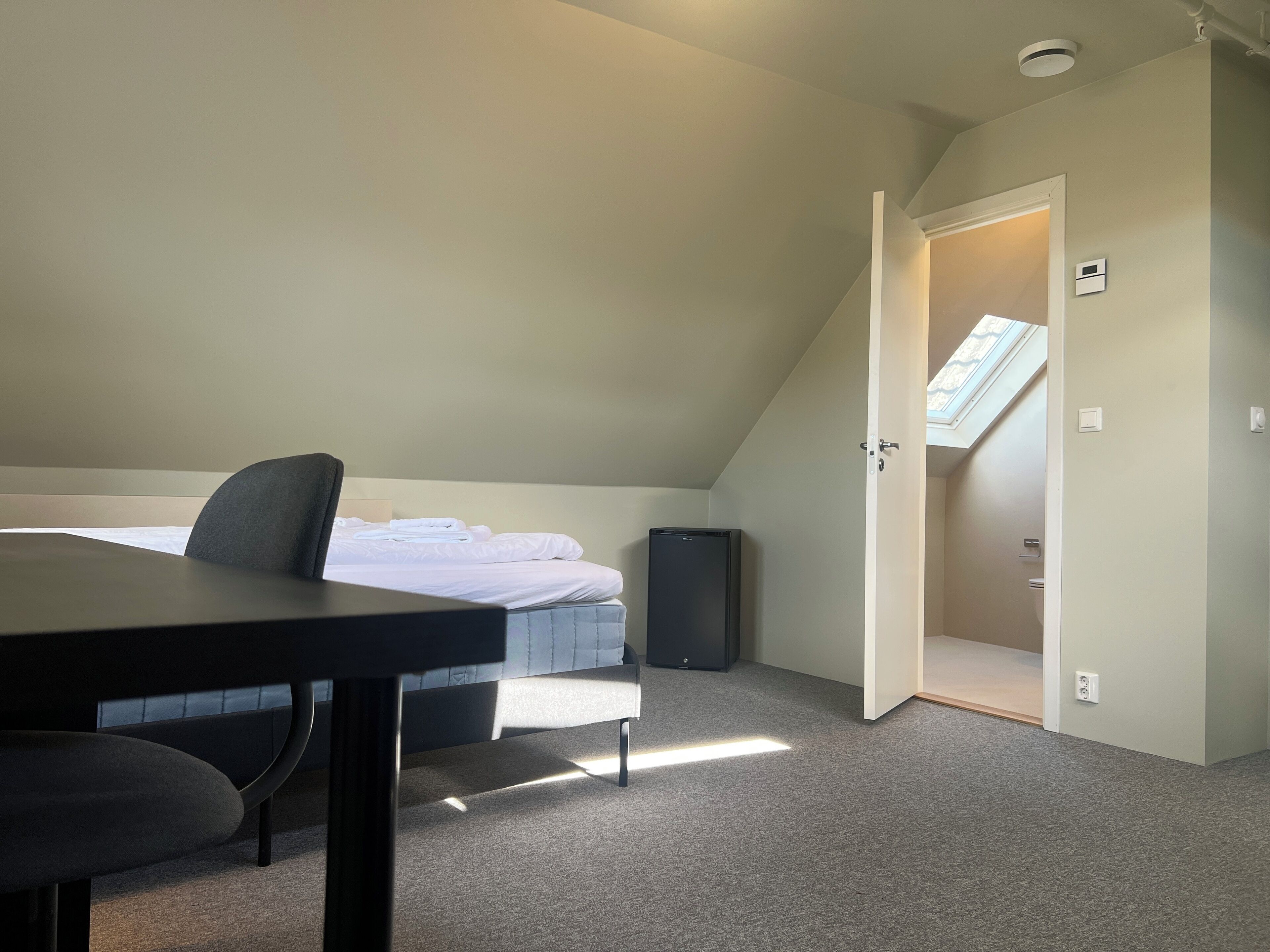 A bedroom with a bed, a desk, and a chair. There is a skylight above the bed, and a door leading to a bathroom.