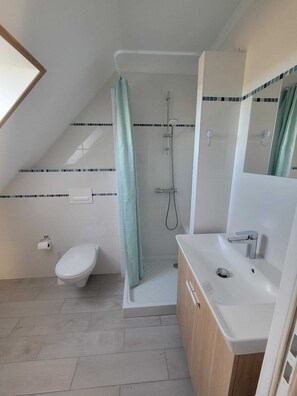 Douche, séchoir à cheveux, serviettes fournies, savon