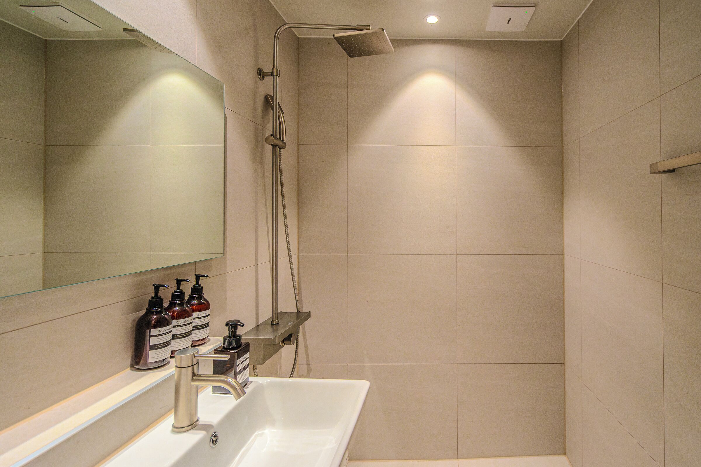 A modern bathroom with a shower, a sink, and a mirror.