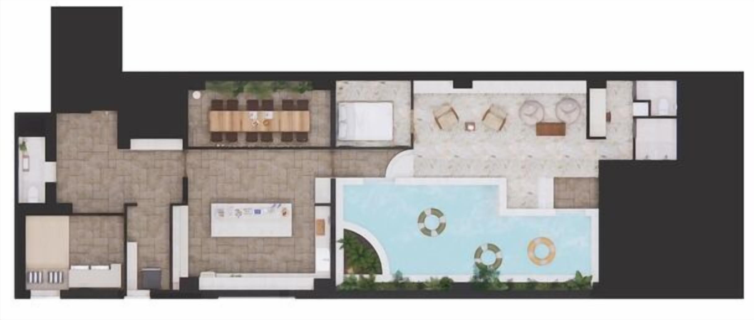 A floor plan of a hotel with a swimming pool, a lounge area, and a kitchenette.