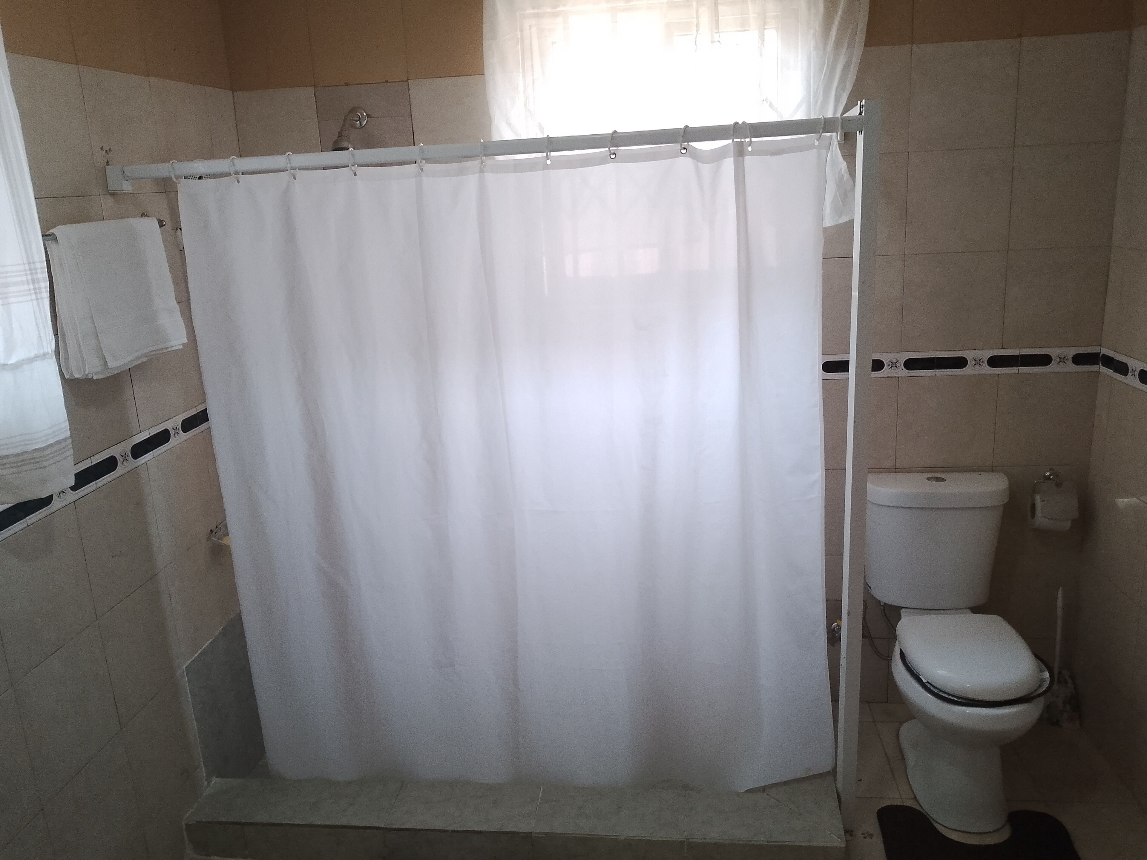 Un baño con cortina de ducha, inodoro y perchero para toallas.