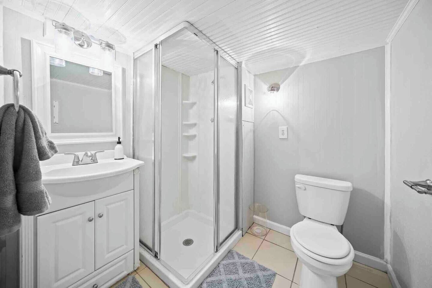 Shower, hair dryer, towels, toilet paper