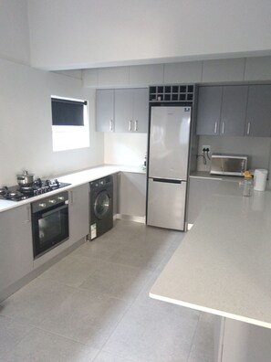 A modern kitchen with grey cabinets, a built-in oven, a washing machine, a refrigerator, and a microwave. - Neo & ruks guest house Boston (Cape Town)