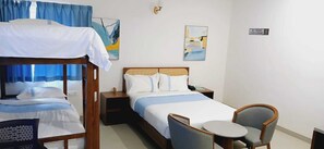 Desk, free WiFi, bed sheets