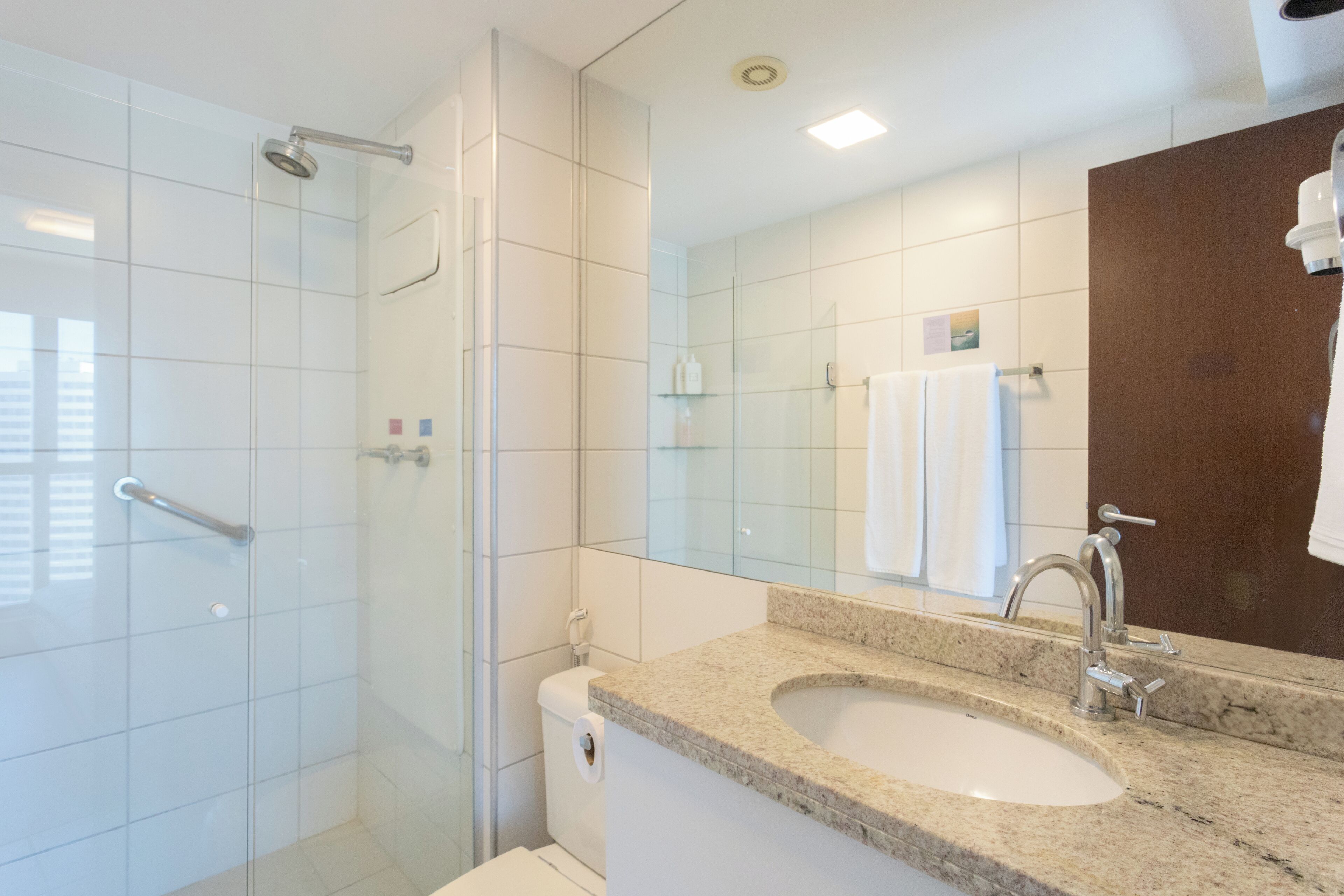 A bathroom with a glass shower enclosure, a sink with a granite countertop, and a large mirror.