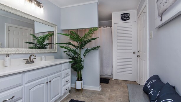 A bathroom with a white vanity, a large mirror, a potted plant, and a black rug. - Peaceful 1BR Apartment for Extended Stays in Huntersville (Huntersville)