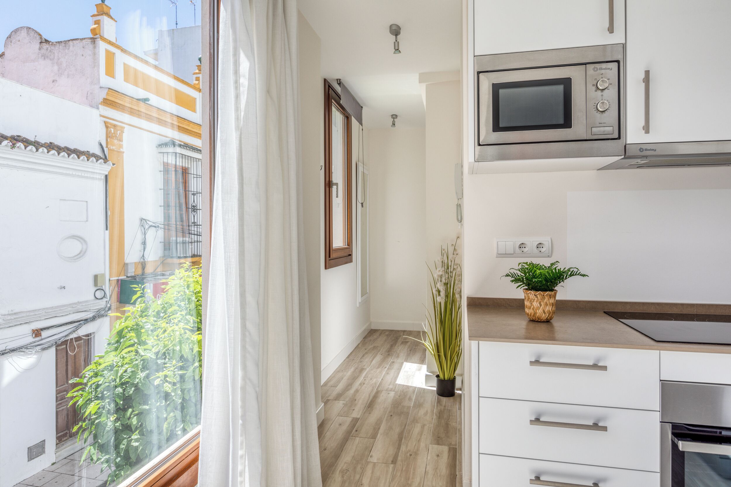 A modern kitchen with white cabinets, a microwave, and a stove. There is a potted plant on the counter and a window with curtains.