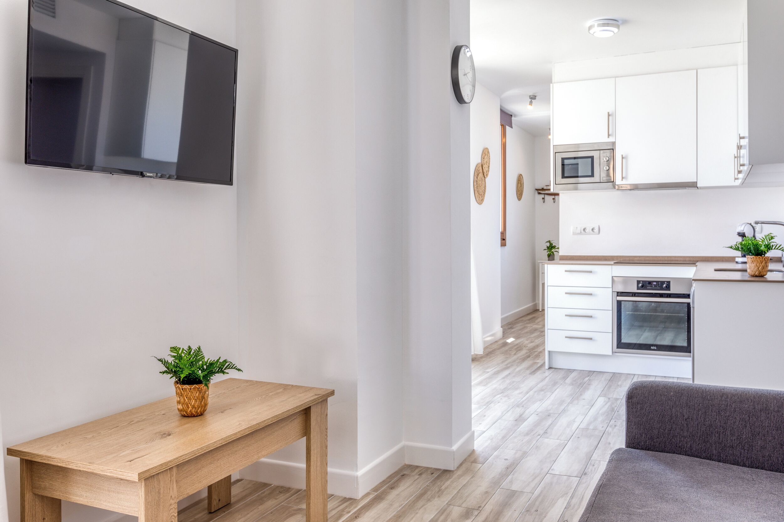 Una sala moderna con un televisor de pantalla plana, una mesa de madera con una planta, un sofá gris y una zona de cocina con armarios y electrodomésticos blancos.