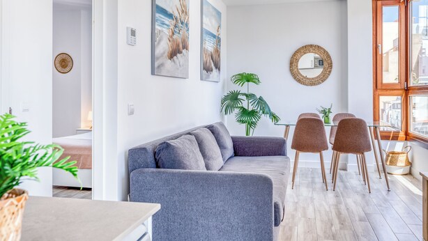 Een moderne woonkamer met een grijze bank, een eettafel met stoelen, een potplant en kunstwerken aan de wanden.