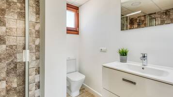 Et badeværelse med glasbrusekabine, toilet, vask med spejl og en lille plantekasse.