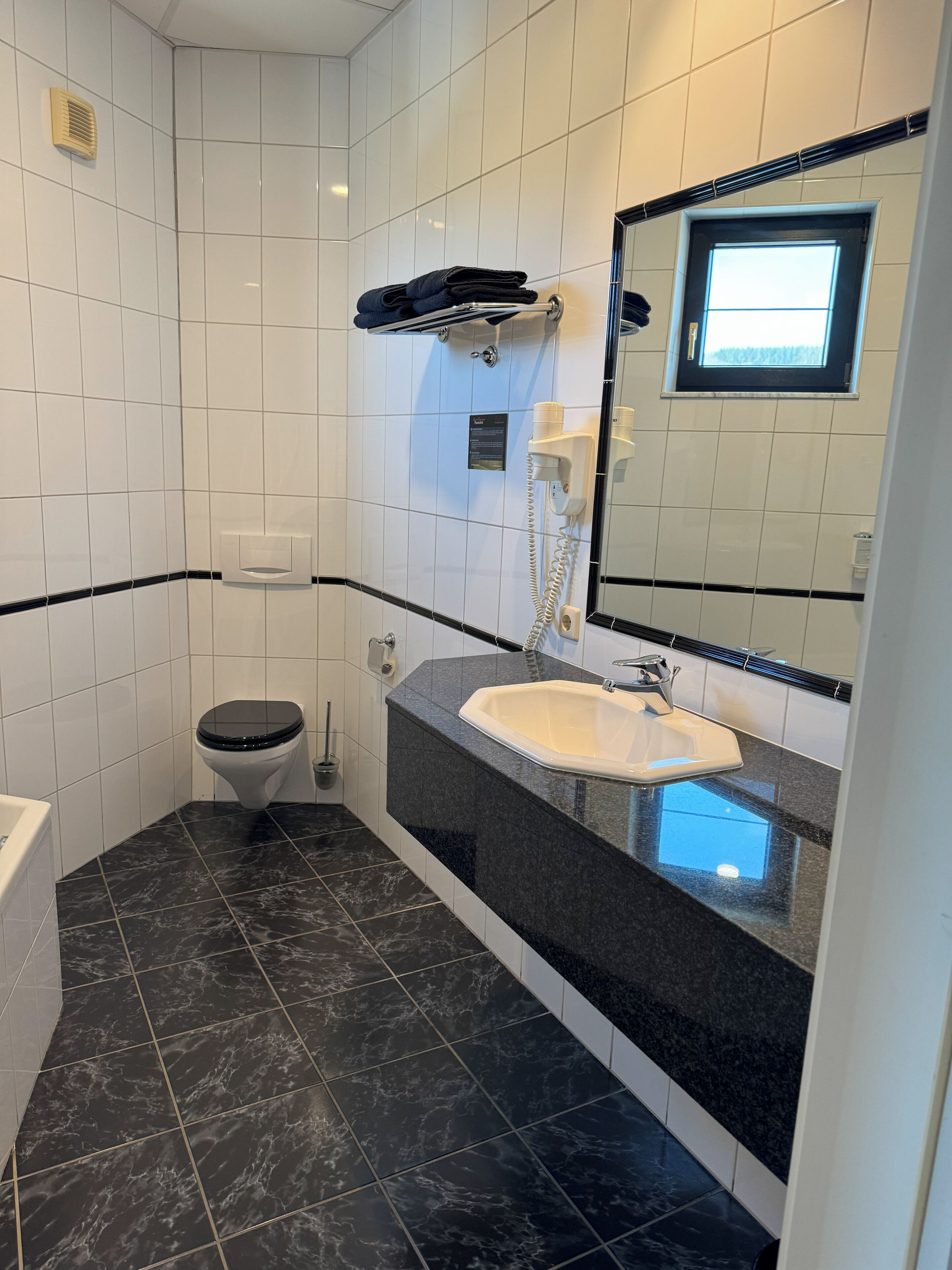 Un baño con inodoro, lavabo y espejo.