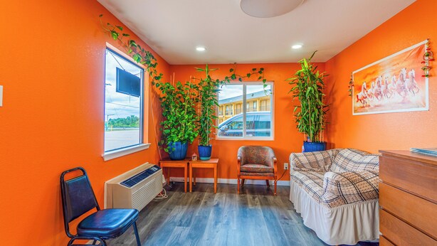 A room with orange walls, a window, a radiator, a chair, a sofa, a dresser, and two potted plants. - Regency Inn By OYO Rockdale TX (Rockdale)