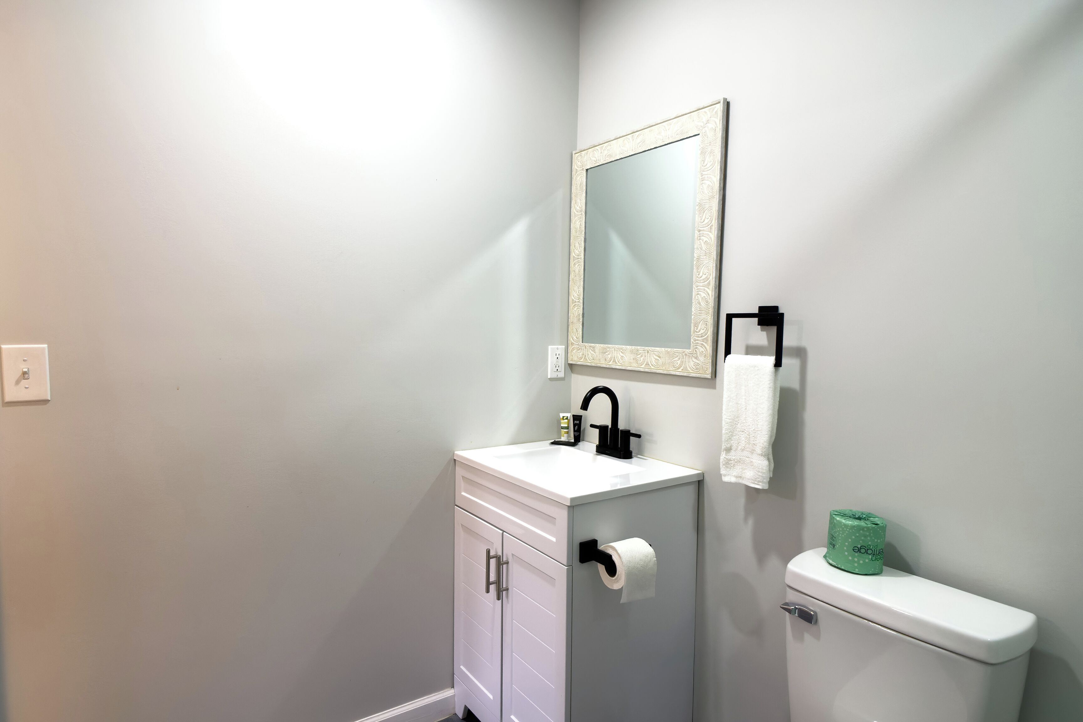 A bathroom with a white sink, a mirror, a toilet, and a green toilet paper holder.