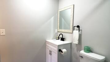Une salle de bain avec un lavabo blanc, un miroir, des toilettes et un porte-rouleau de papier toilette vert.