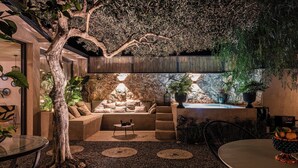 Un jardin intérieur accueillant, avec un mur en pierre, un canapé et une table à manger.