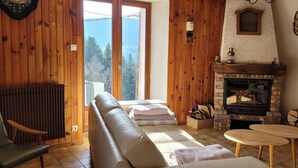 Un salon chaleureux avec une cheminée, des murs en bois, un canapé et une vue sur l’extérieur.
