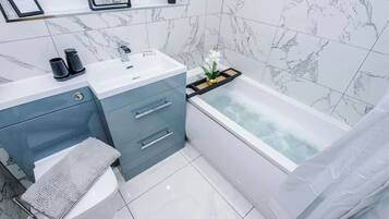Shower, hair dryer, shampoo