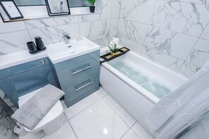 Shower, hair dryer, shampoo
