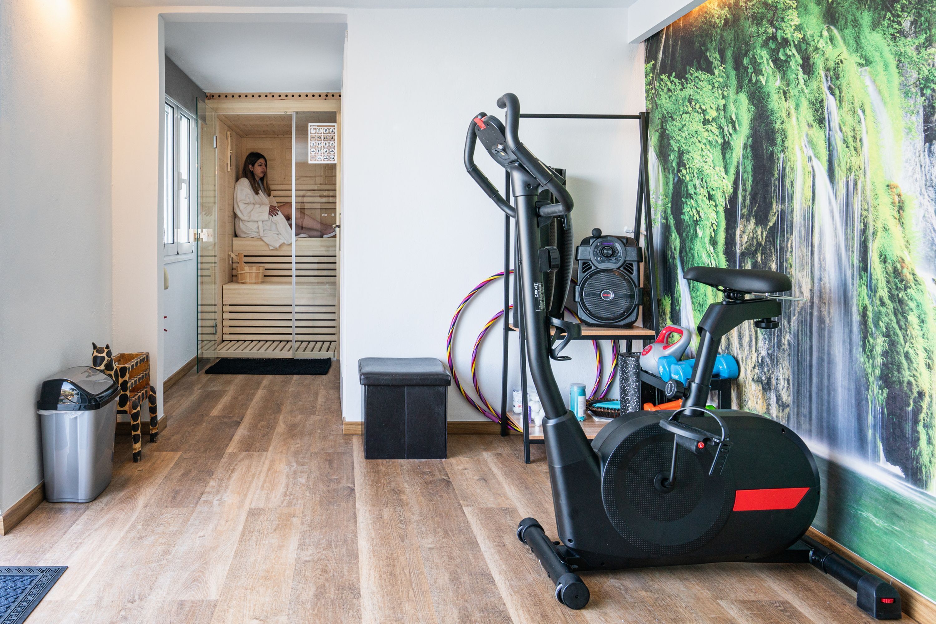 A home gym with an exercise bike, a treadmill, and a sauna.