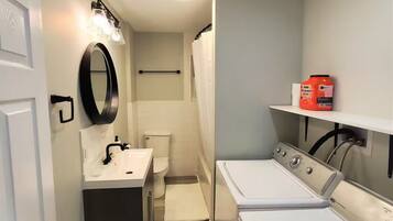 Hair dryer, towels, soap, toilet paper