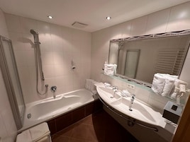 Hair dryer, towels, soap, shampoo