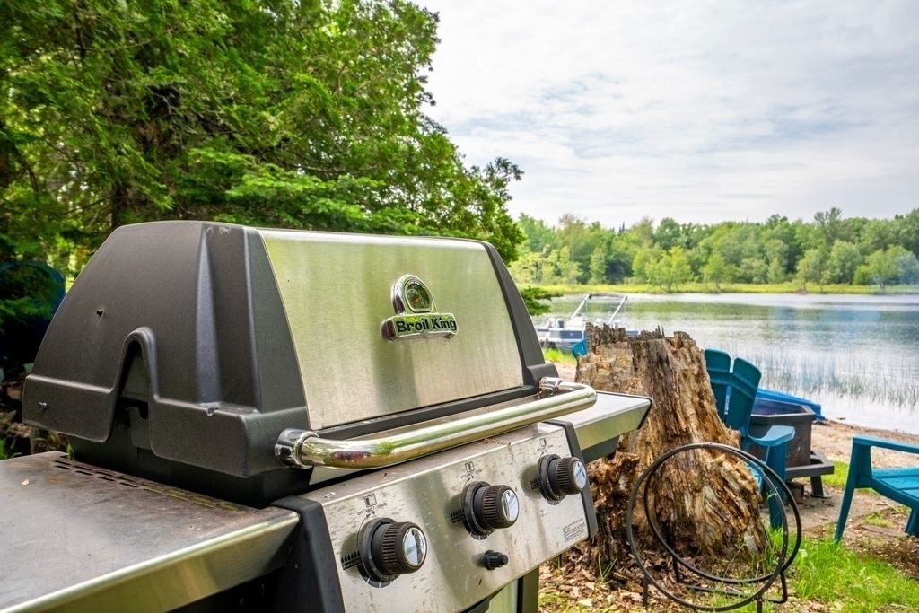 A Broil King grill with a view of a lake and trees in the background.