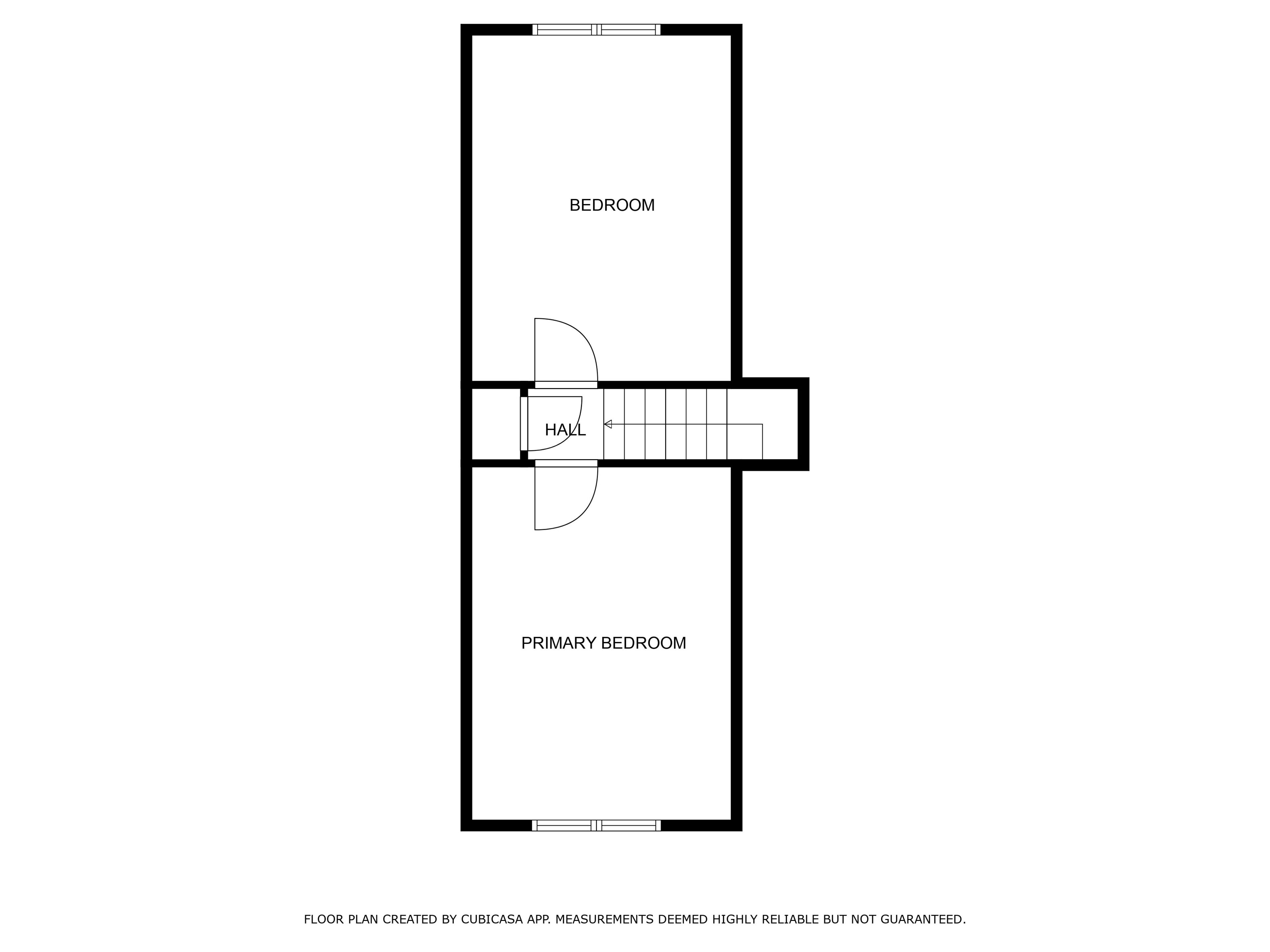 A floor plan with a bedroom, a primary bedroom, and a hall.