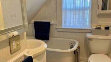 Hair dryer, towels, soap, toilet paper
