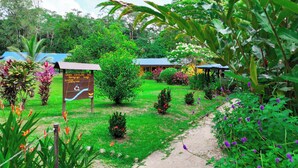 Un exuberante jardín con un letrero que indica 'Gran Gavilan del Sarapiqui Lodge' y 'Senderos Walking Trails'.