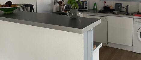 Een microgolfoven, een oven, een kookplaat, een vaatwasser