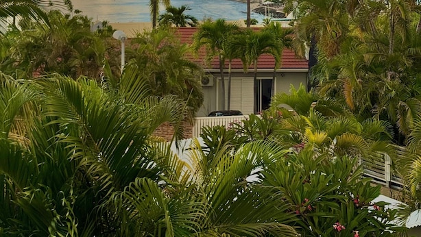 Un complexe hôtelier tropical, avec des palmiers, une vue sur l’océan et un bâtiment doté d’un toit rouge.