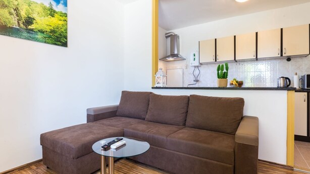 A cozy living area with a brown sofa and a glass coffee table, a kitchen with white cabinets and a stainless steel range hood, and a painting of a forest scene on the wall. - Charming and Comfortable Rooms Zadar City - Standard Double Room (Zadar)