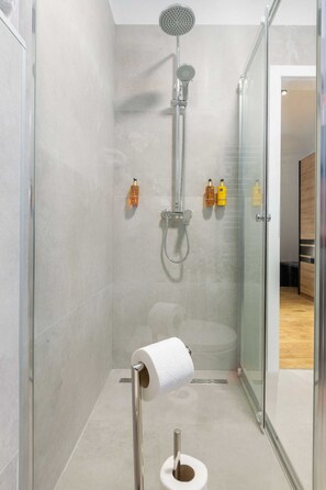 Shower, hair dryer, towels