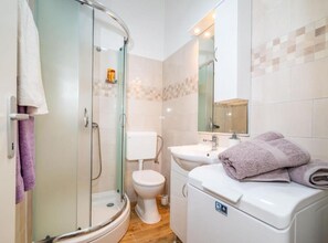 Shower, hair dryer, towels