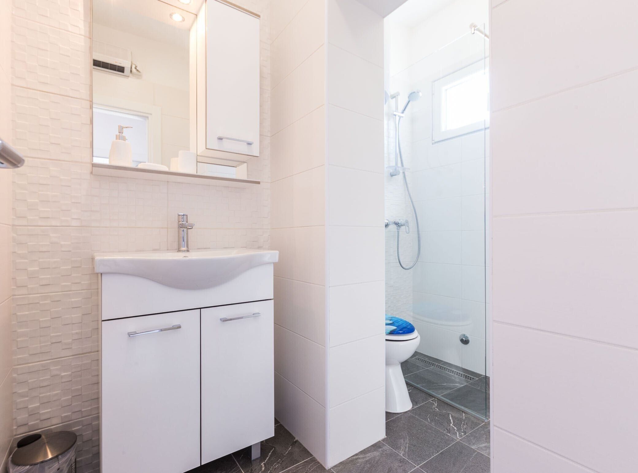 Une salle de bain moderne avec un lavabo blanc, un miroir et des toilettes.