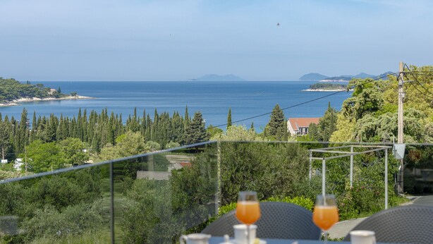Ein Tisch mit Frühstücksangeboten und einem Glas Orangensaft, mit Blick auf eine Küstenlandschaft mit Bäumen und Meerblick.