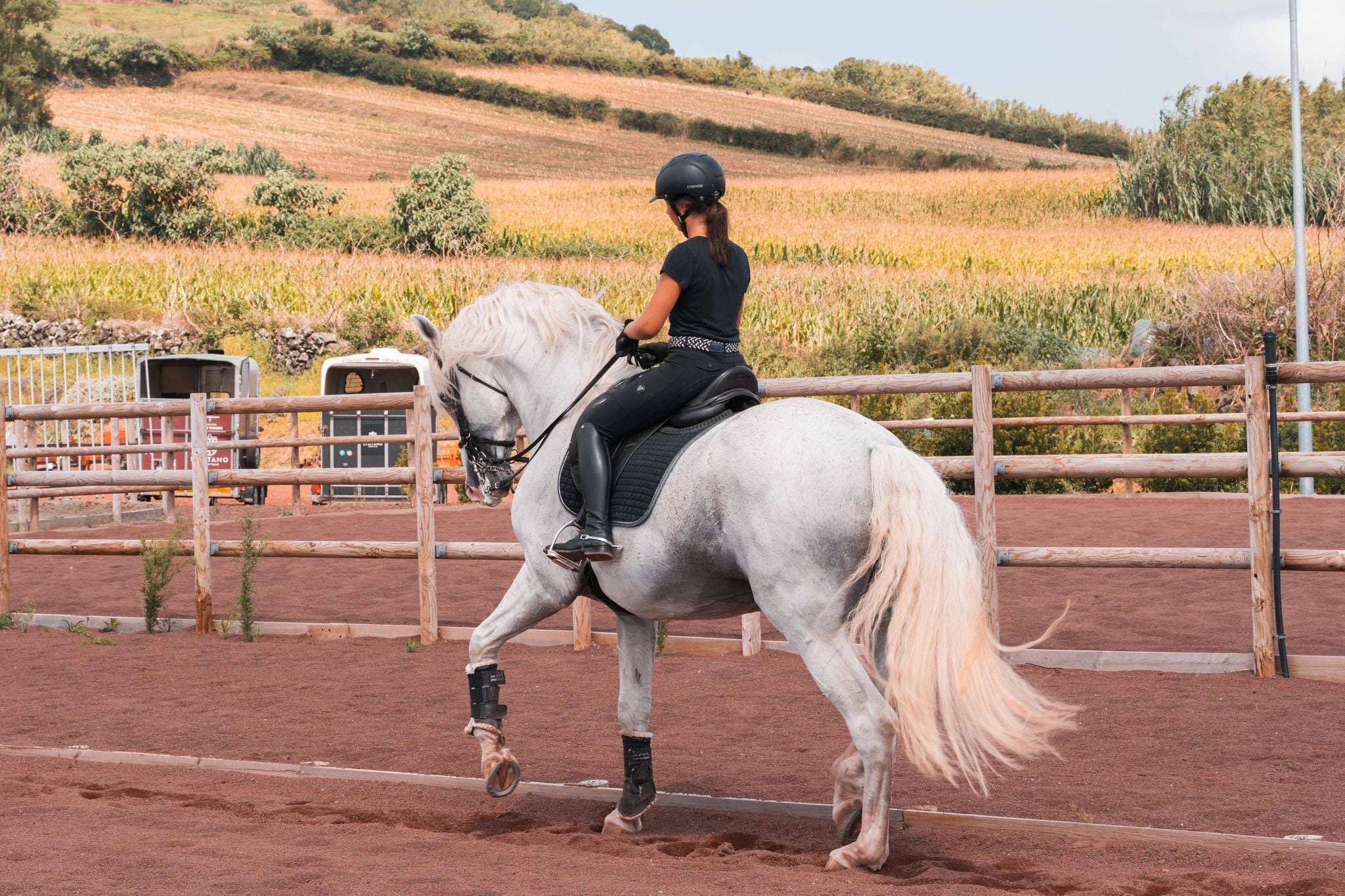 A person riding a white horse in an indoor arena with a dirt floor and wooden fences.