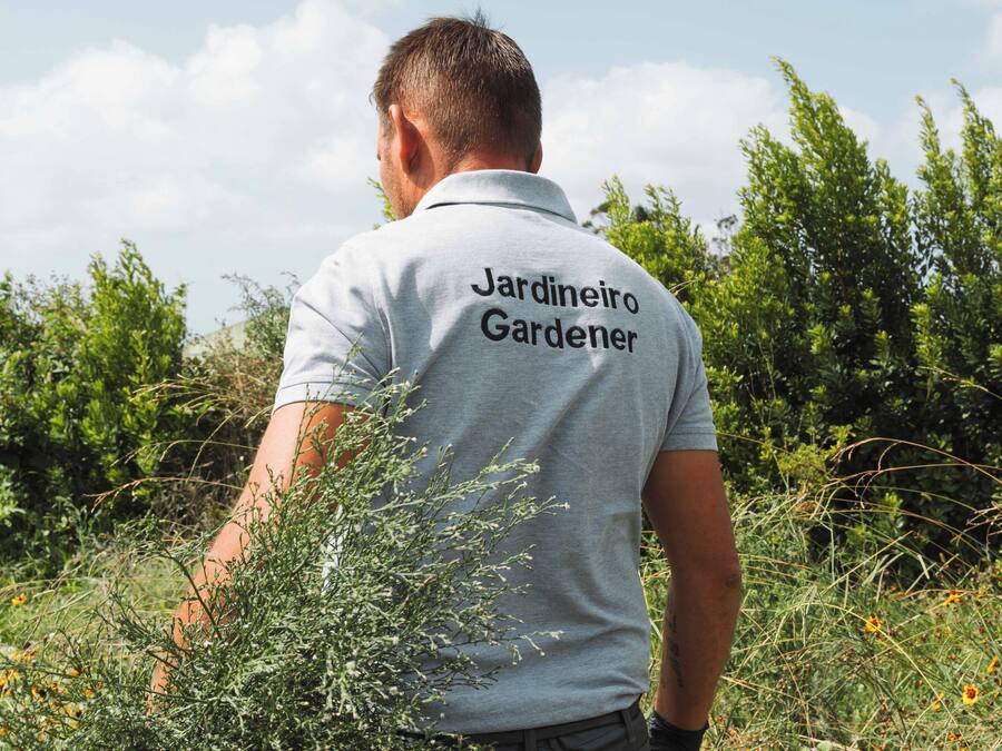 Eine Person mit T-Shirt, auf dessen Rückseite 'Jardineiro Gardener' steht, steht in einer natürlichen Umgebung mit Grünpflanzen und Blumen.