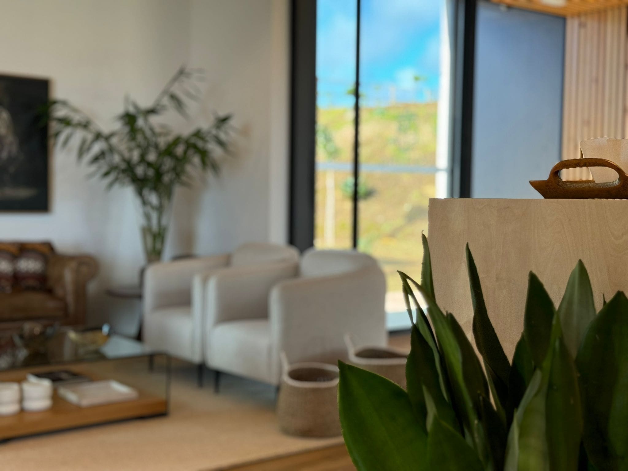 Un salon moderne comprenant un ensemble de canapés, une table basse et une grande fenêtre donnant sur un paysage verdoyant.
