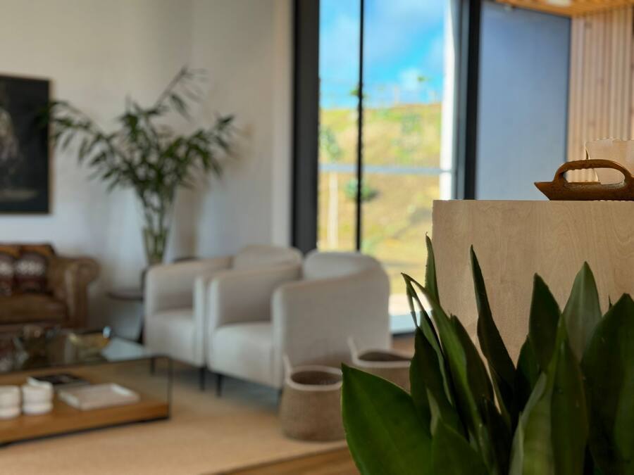 Un salon moderne comprenant un ensemble de canapés, une table basse et une grande fenêtre donnant sur un paysage verdoyant.
