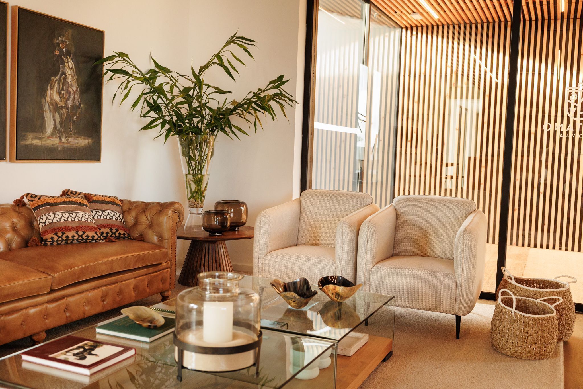 A modern living room with a leather sofa, a glass coffee table, and a beige armchair. A large bamboo plant is in the corner, and there are decorative bowls on the table.