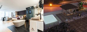 Ein modernes Hotelzimmer mit einer großen Badewanne, einer gläsernen Duschkabine und einer gemütlichen Sitzecke mit Sofa und Sesseln.