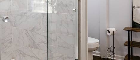 Hair dryer, towels, soap, toilet paper