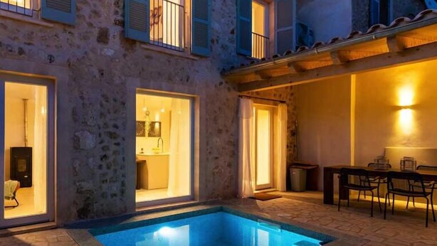 Un bâtiment en pierre doté d’une piscine, d’un coin repas et d’une cuisine, que l’on peut apercevoir à travers les fenêtres.