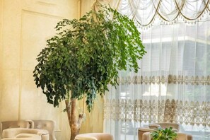 A room with a large potted tree, a chandelier, and a window with sheer curtains. - Junyuan Hotel (Mangshi)