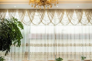A room with a large window, a chandelier, and a potted plant.