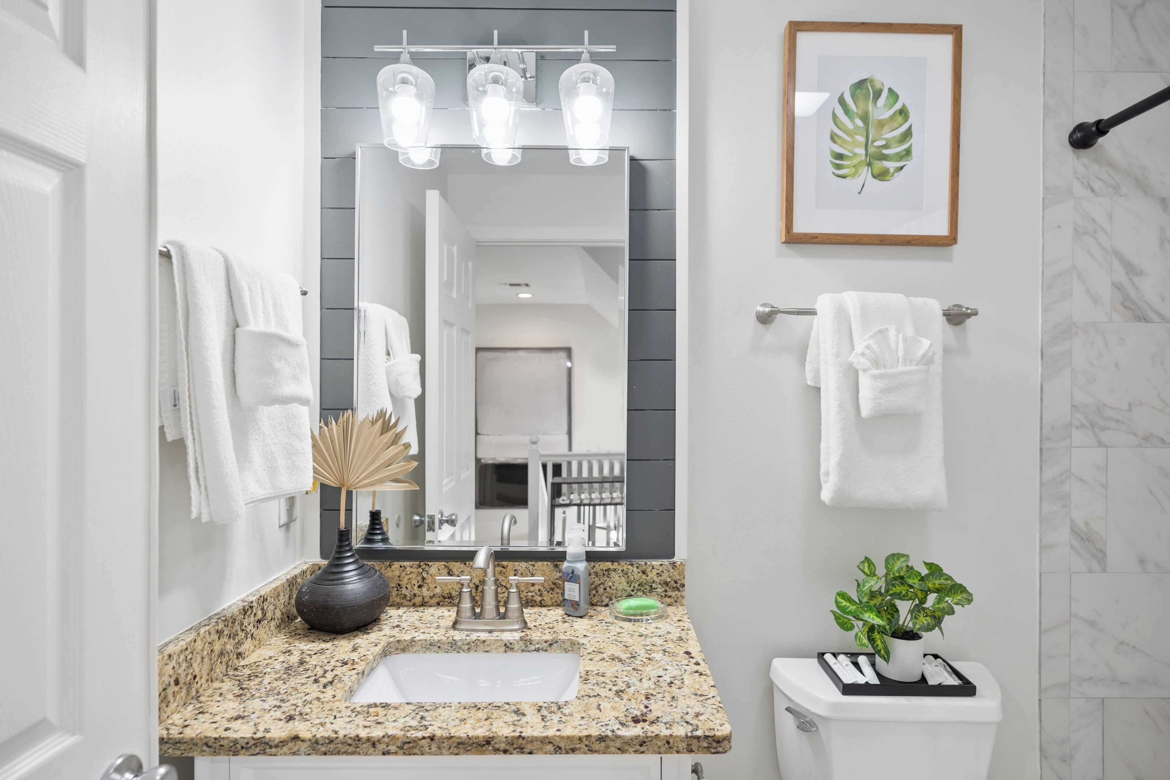Baño con lavamanos de encimera de granito, espejo con iluminación, adorno de hoja enmarco y planta en maceta.