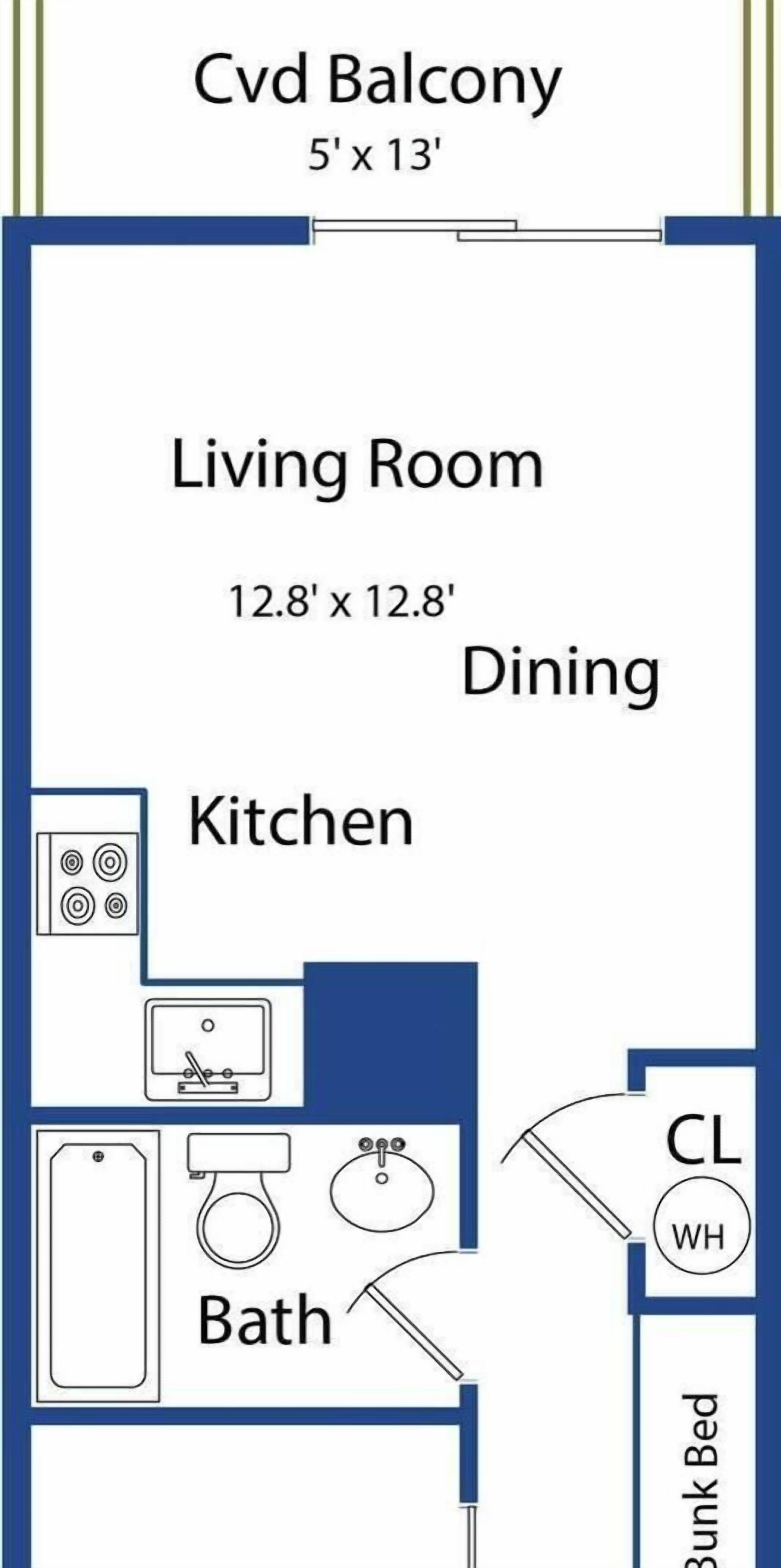 Ein Grundriss mit Wohnzimmer, Essbereich, Küche und Badezimmer.