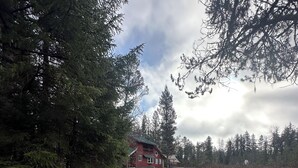 Una casa de campo rodeada de un bosque frondoso, con un camino de grava que la lleva a ella.