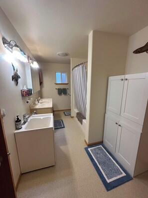 Hair dryer, towels, toilet paper